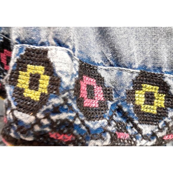 Rachel Zoe Chambray Denim Top Boho Hippie Embroidered Crochet Size S Blue - Picture 6 of 8